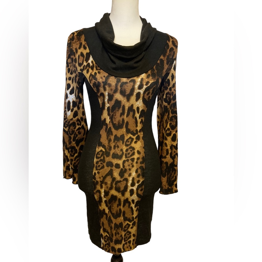 Da Nicci long sleeve, leopard print dress with loose cowl neck. Above the knee.